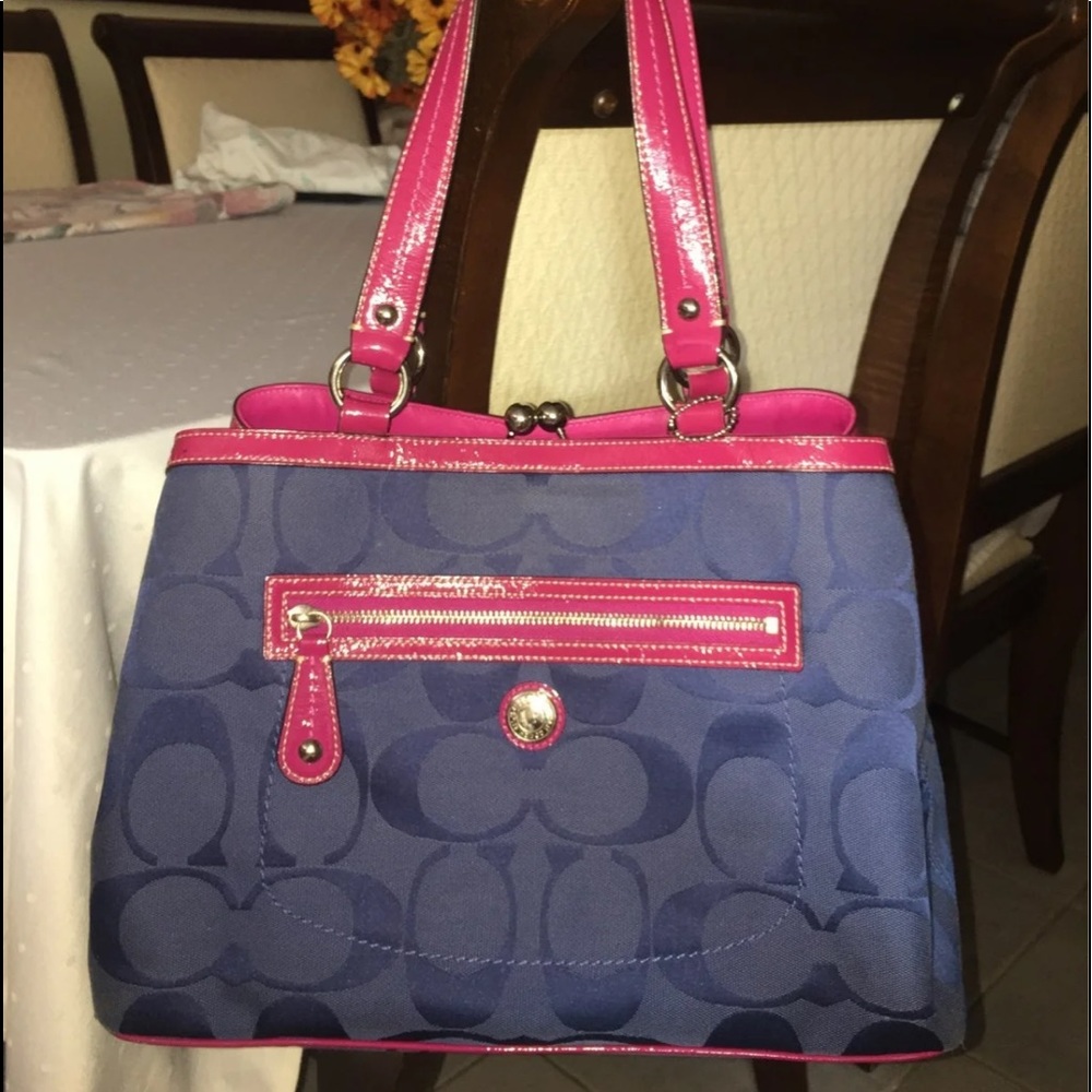 Coach Navy Signature Tote with Hot Pink Trim